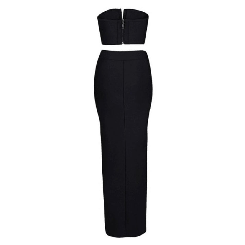 Deep V-Neck Crop Tops +Long Split Bodycon Dress 2Piece Set Mssza