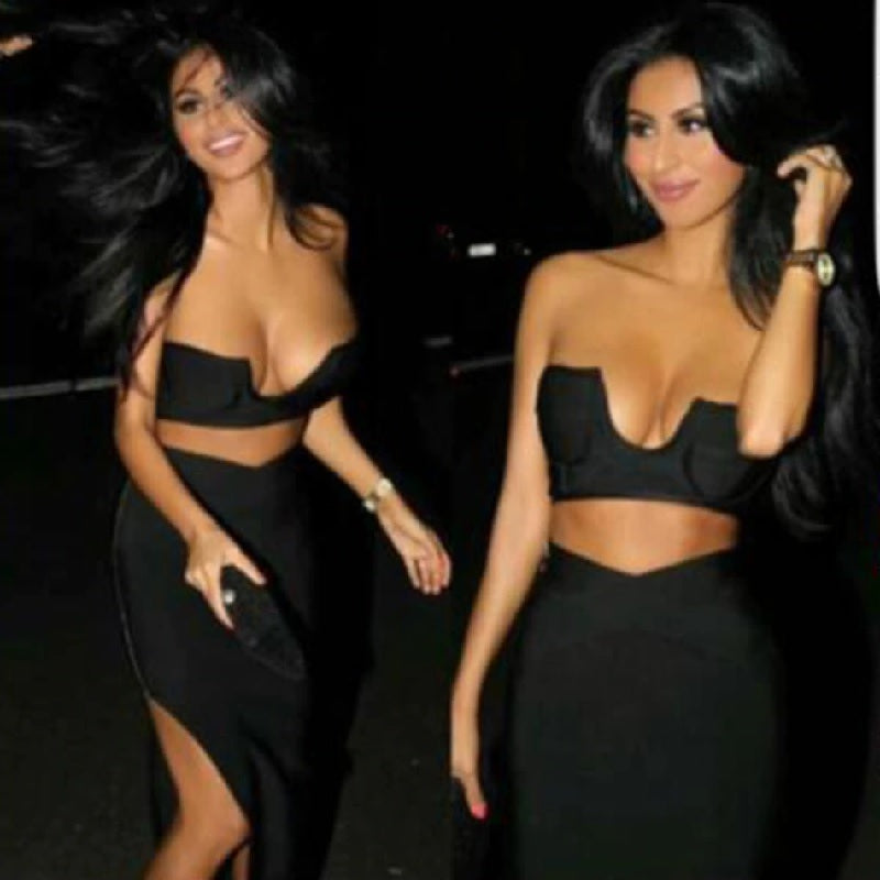 Deep V-Neck Crop Tops +Long Split Bodycon Dress 2Piece Set Mssza