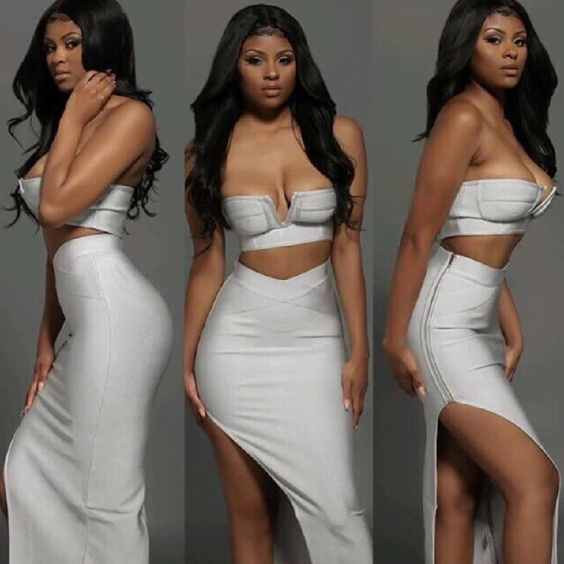 Deep V-Neck Crop Tops +Long Split Bodycon Dress 2Piece Set Mssza