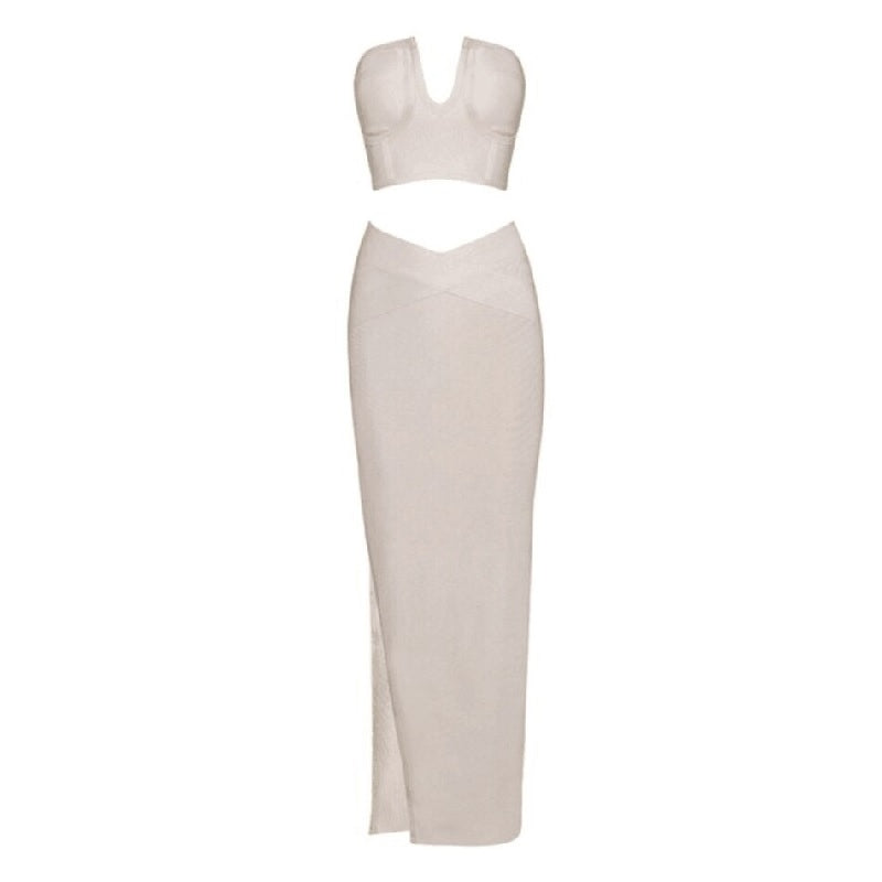 Deep V-Neck Crop Tops +Long Split Bodycon Dress 2Piece Set Mssza