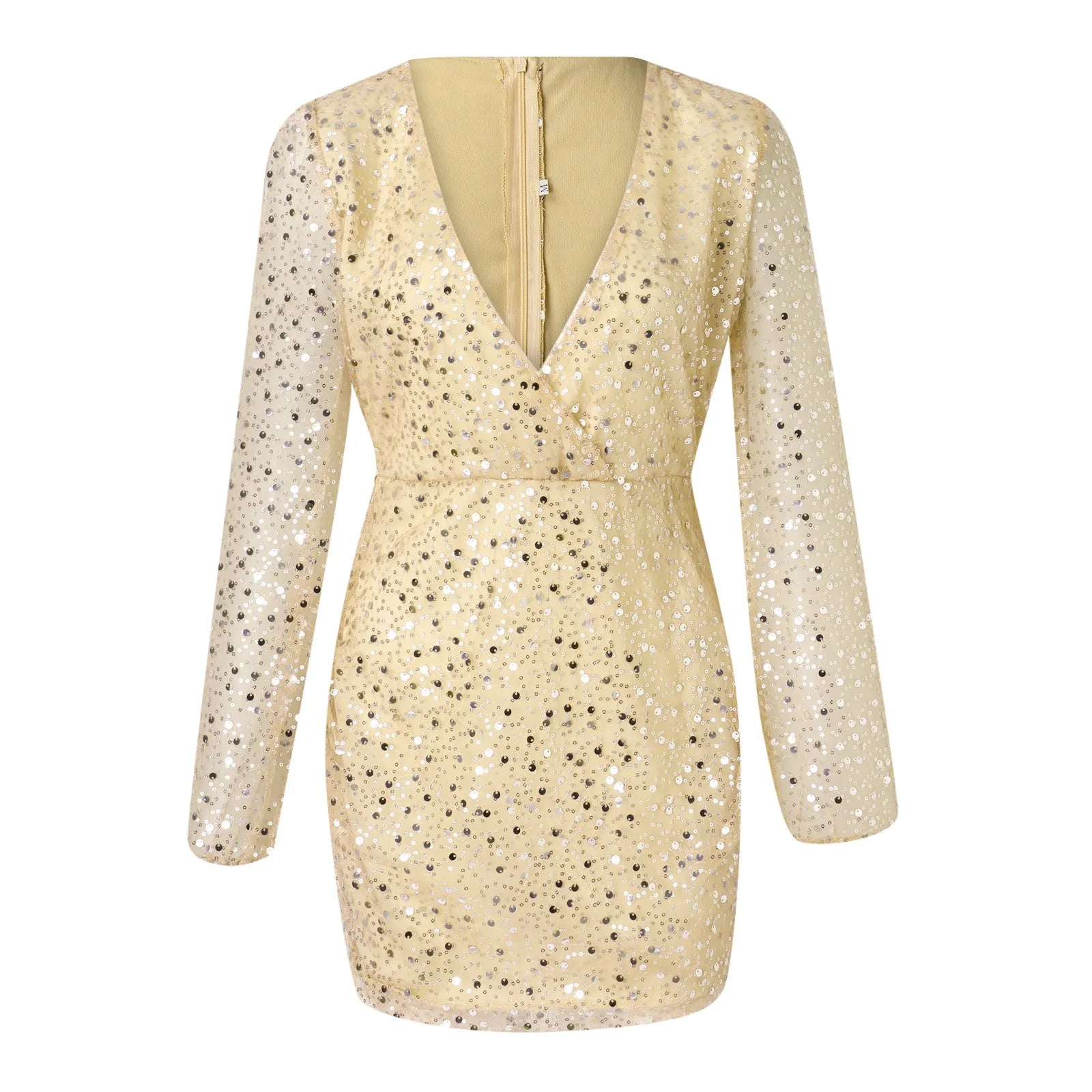 Deep V Neck Sequin Puff Long Sleeve High Waist Slim Mini Pencil Elegant Party Evening Dress Mssaz Desses