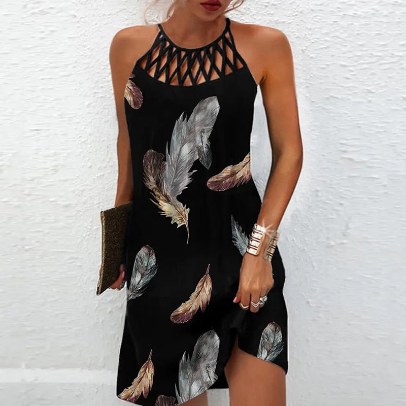 Beach Mini Dress  Sleeveless Hollow Elegant Boho Party Mssaz Desses