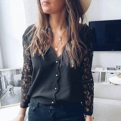 Elegant V-neck Lace Long Sleeve Chiffon Shirt Mssza
