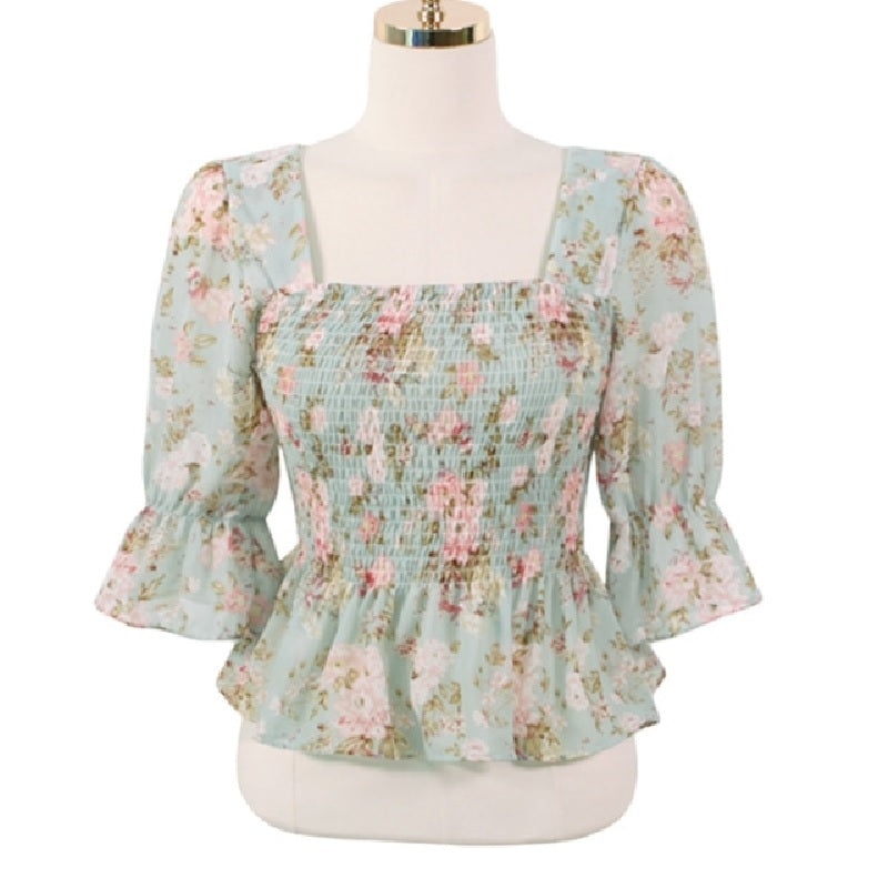Flare Sleeve Floral Casual Chiffon Blouse Mssza