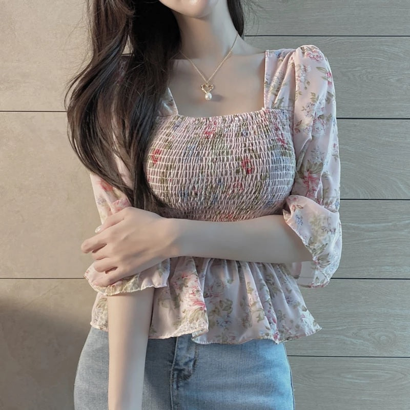 Flare Sleeve Floral Casual Chiffon Blouse Mssza