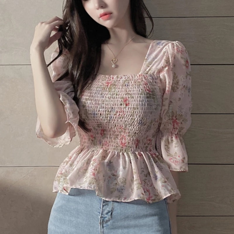 Flare Sleeve Floral Casual Chiffon Blouse Mssza