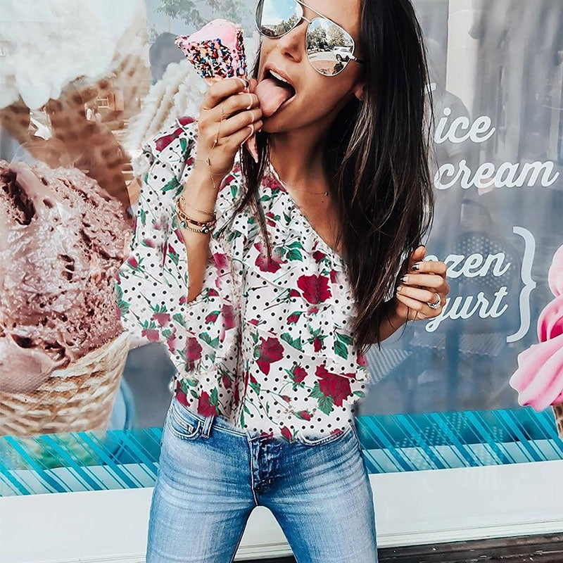 Flare Sleeve One Shoulder  Floral Print Chiffon Blouse Tops Mssza