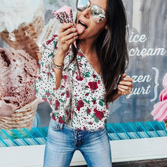 Flare Sleeve One Shoulder  Floral Print Chiffon Blouse Tops Mssza