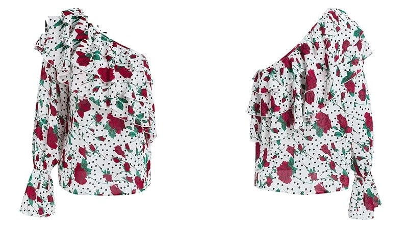 Flare Sleeve One Shoulder  Floral Print Chiffon Blouse Tops Mssza