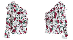 Flare Sleeve One Shoulder  Floral Print Chiffon Blouse Tops Mssza