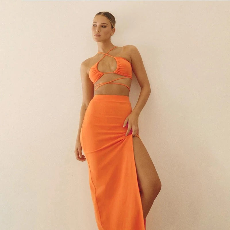 Halter Neck Split Top and Skirts Set Mssza