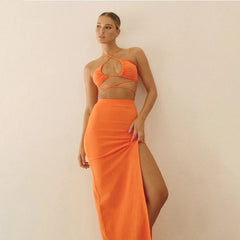 Halter Neck Split Top and Skirts Set Mssza