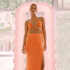 Halter Neck Split Top and Skirts Set Mssza
