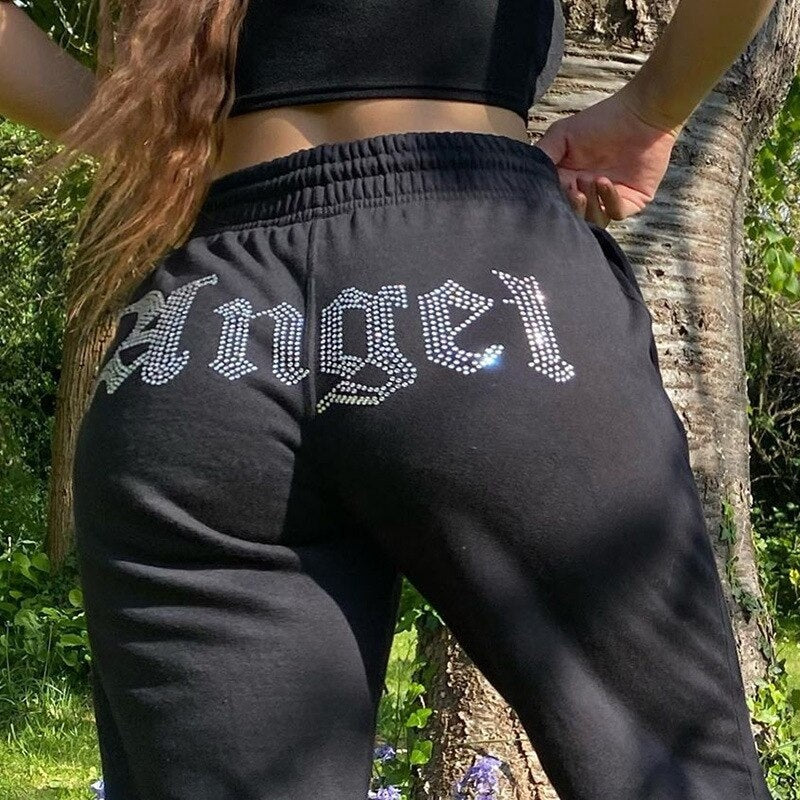 High Elastic Waist Angel Letter Trousers Mssza