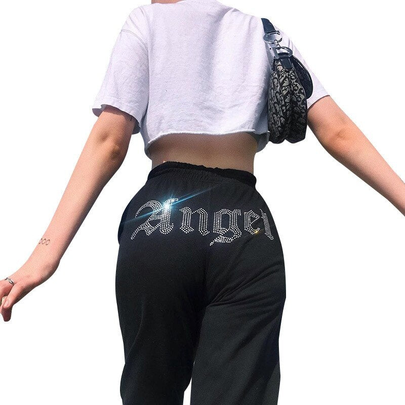 High Elastic Waist Angel Letter Trousers Mssza