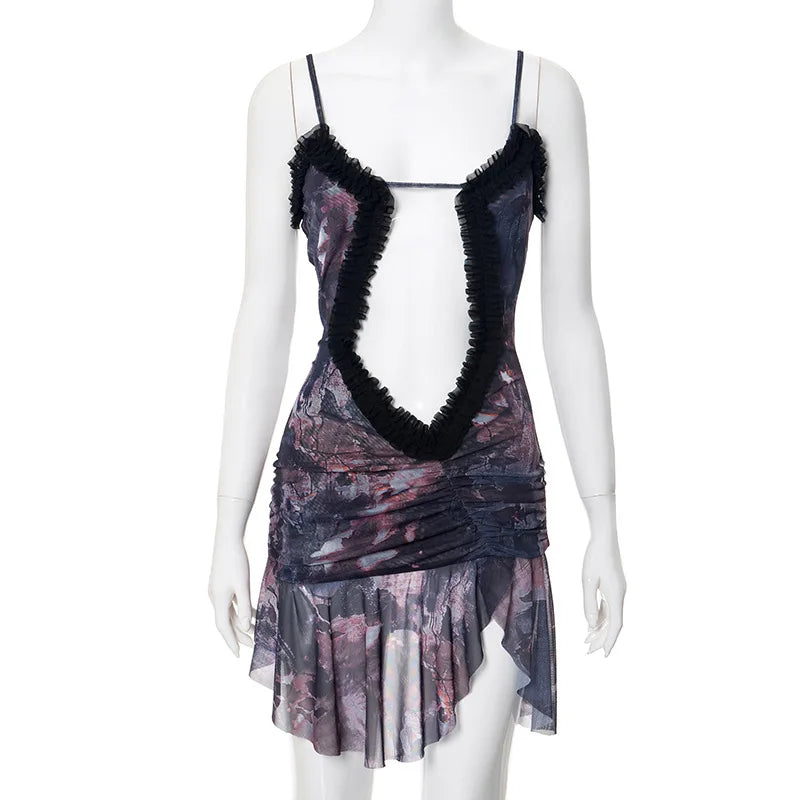 Hollow Out Print Elegant Spaghetti Striped Slim Evening Club Mini Dress Mssaz Desses