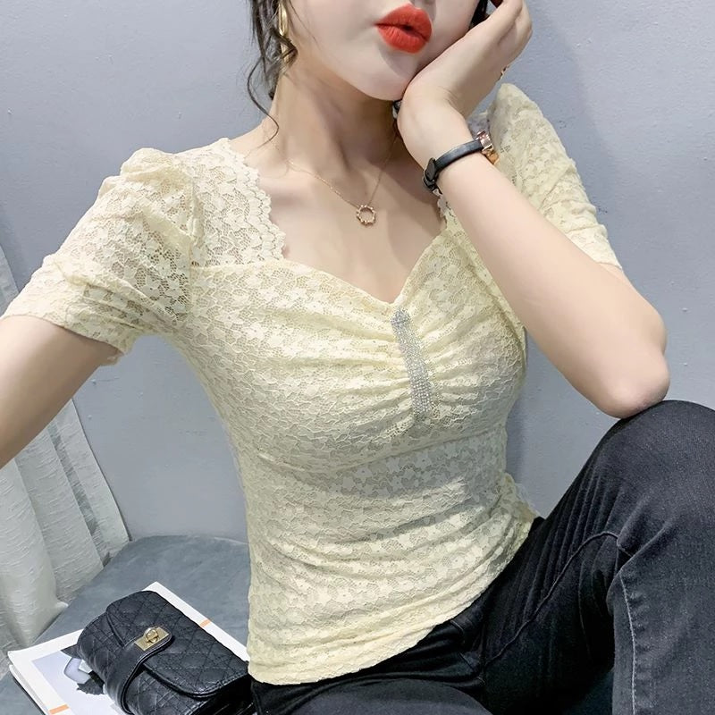 Lace Puff Sleeve Hollow Out Blouse Mssza