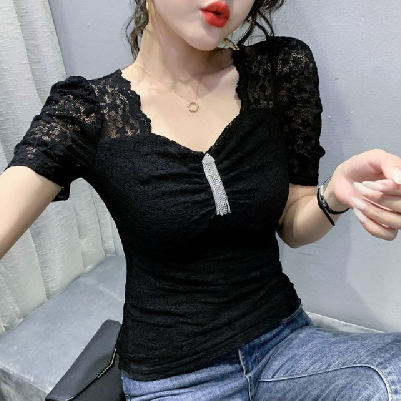 Lace Puff Sleeve Hollow Out Blouse Mssza