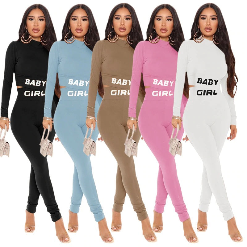 Letter Print Crop Top High Waist Elastic Bodycorn Two Piece Set Mssza