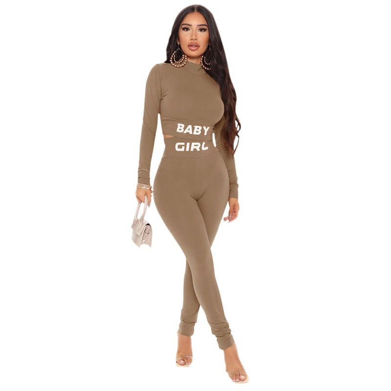 Letter Print Crop Top High Waist Elastic Bodycorn Two Piece Set Mssza