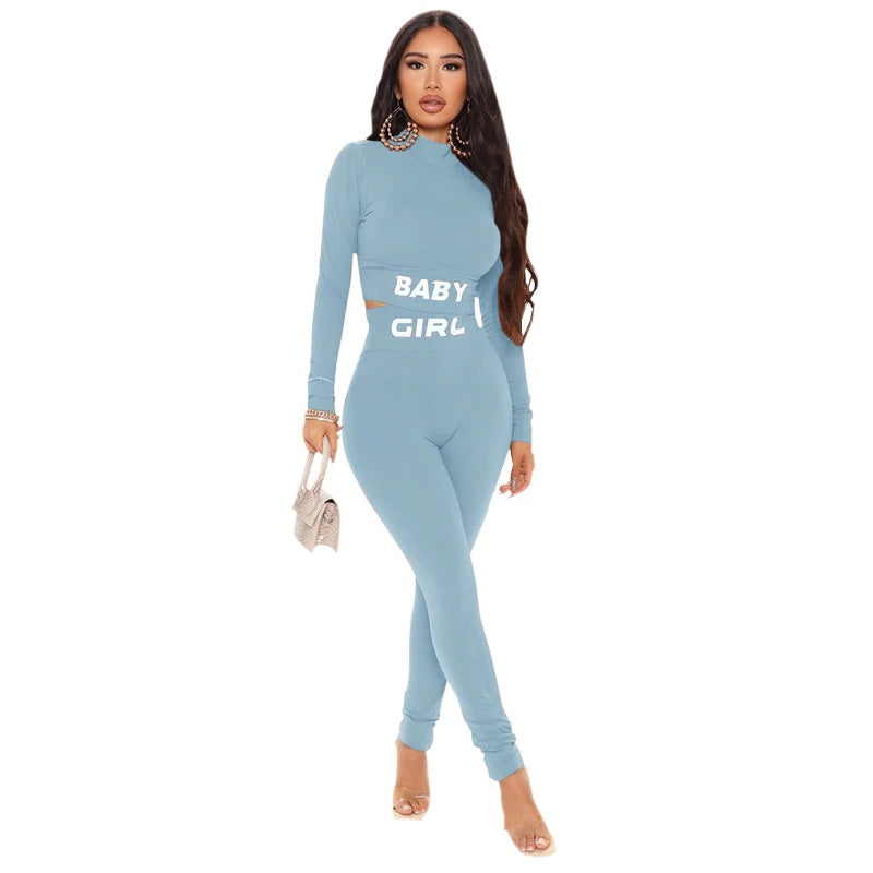 Letter Print Crop Top High Waist Elastic Bodycorn Two Piece Set Mssza