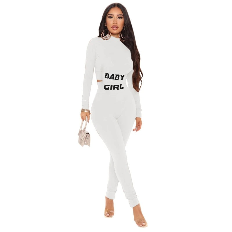 Letter Print Crop Top High Waist Elastic Bodycorn Two Piece Set Mssza
