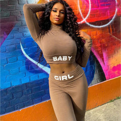 Letter Print Crop Top High Waist Elastic Bodycorn Two Piece Set Mssza