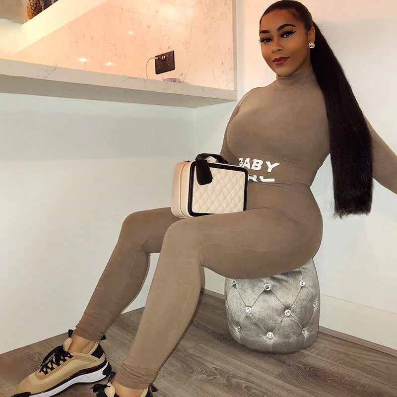 Letter Print Crop Top High Waist Elastic Bodycorn Two Piece Set Mssza