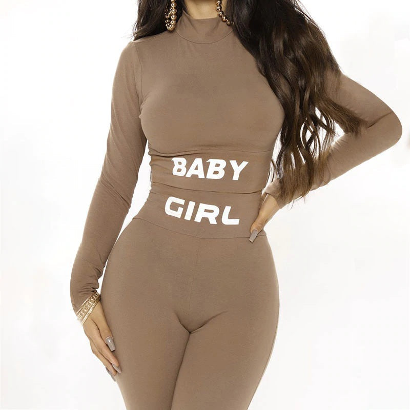 Letter Print Crop Top High Waist Elastic Bodycorn Two Piece Set Mssza