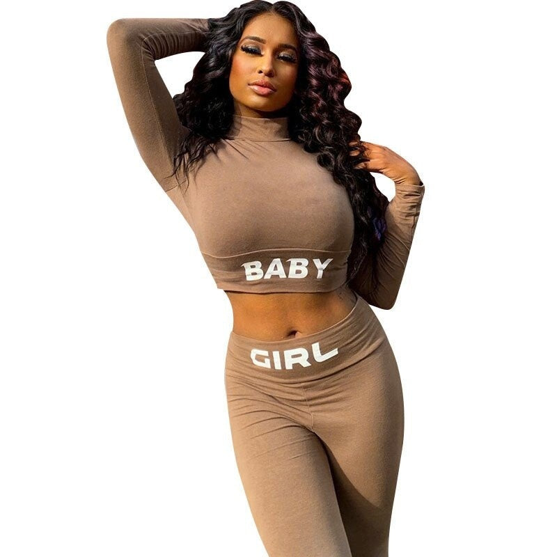 Letter Print Crop Top High Waist Elastic Bodycorn Two Piece Set Mssza