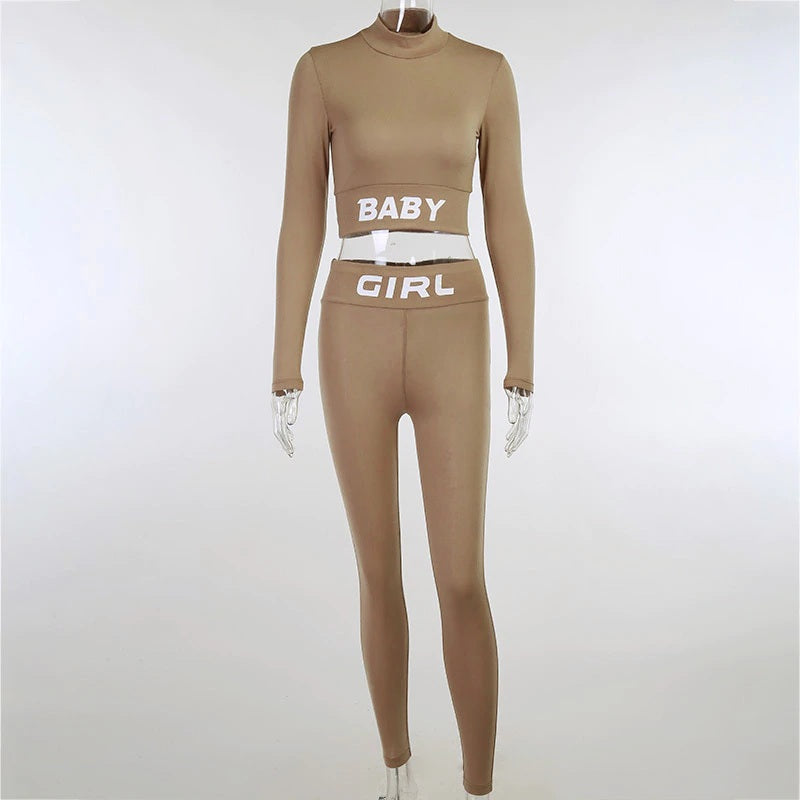 Letter Print Crop Top High Waist Elastic Bodycorn Two Piece Set Mssza