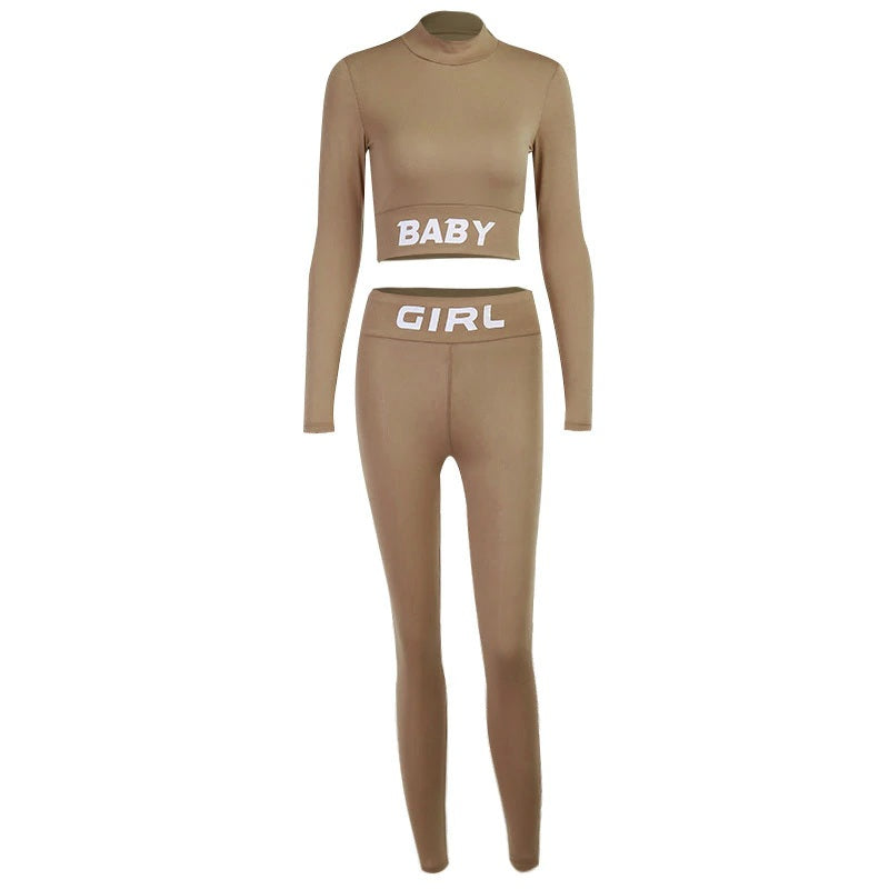 Letter Print Crop Top High Waist Elastic Bodycorn Two Piece Set Mssza