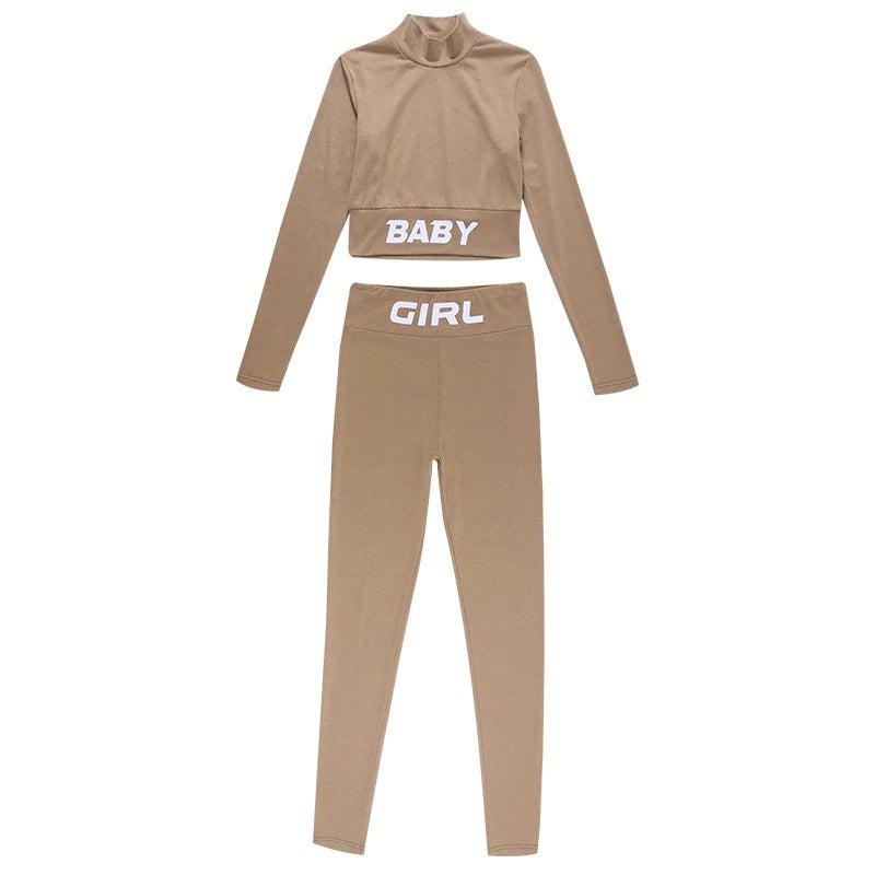 Letter Print Crop Top High Waist Elastic Bodycorn Two Piece Set Mssza