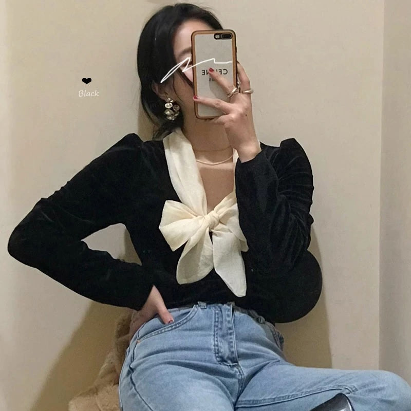 Long Sleeve Bow Vintage Velvet Shirt Mssza