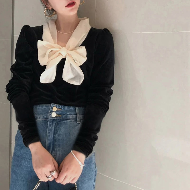 Long Sleeve Bow Vintage Velvet Shirt Mssza