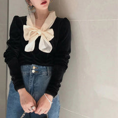 Long Sleeve Bow Vintage Velvet Shirt Mssza