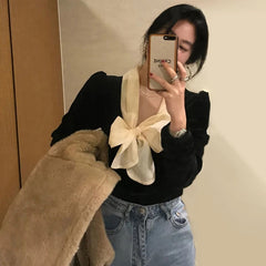 Long Sleeve Bow Vintage Velvet Shirt Mssza