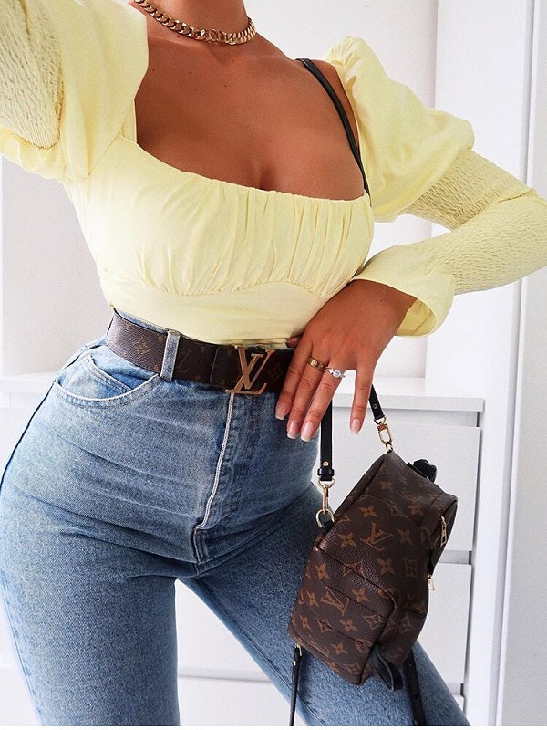 Low Out Long Puff Sleeve Zipper Crop Tops Mssza