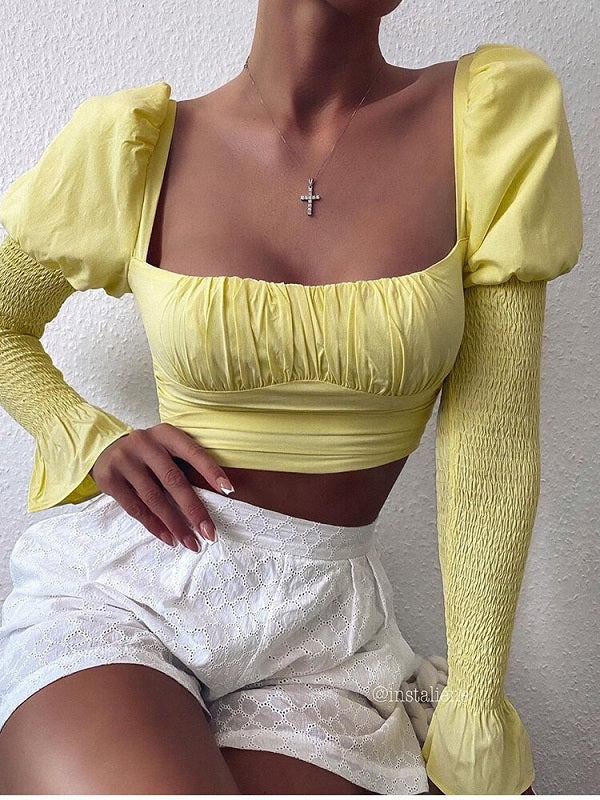 Low Out Long Puff Sleeve Zipper Crop Tops Mssza