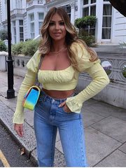 Low Out Long Puff Sleeve Zipper Crop Tops Mssza