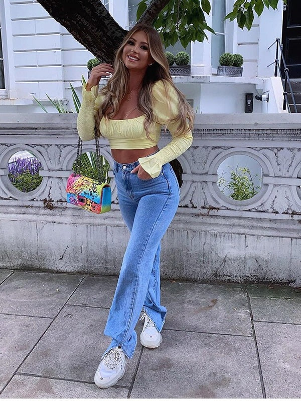 Low Out Long Puff Sleeve Zipper Crop Tops Mssza