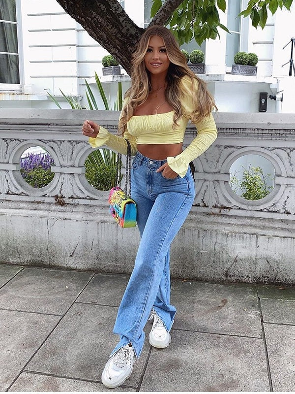 Low Out Long Puff Sleeve Zipper Crop Tops Mssza
