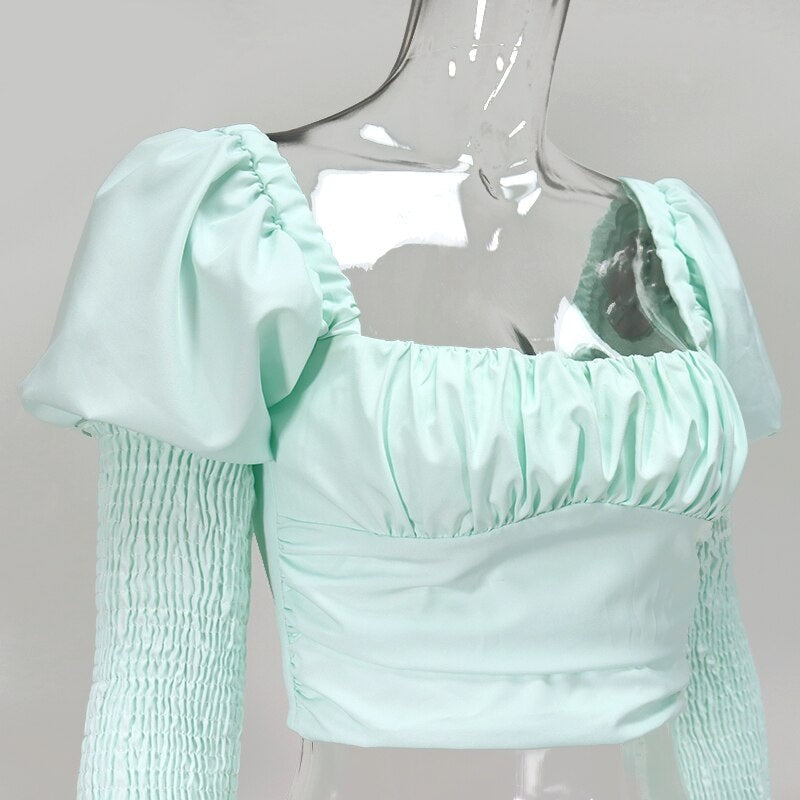 Low Out Long Puff Sleeve Zipper Crop Tops Mssza