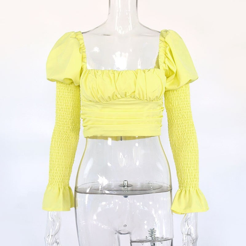 Low Out Long Puff Sleeve Zipper Crop Tops Mssza