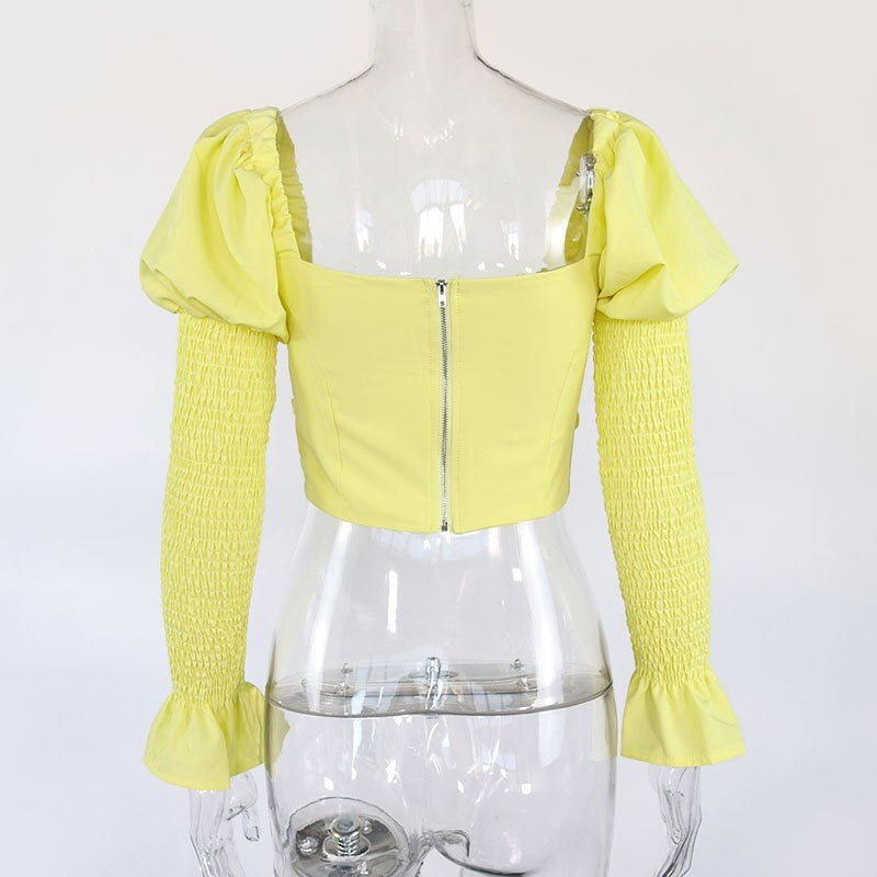 Low Out Long Puff Sleeve Zipper Crop Tops Mssza