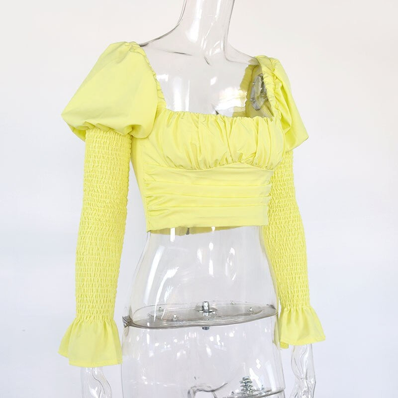Low Out Long Puff Sleeve Zipper Crop Tops Mssza