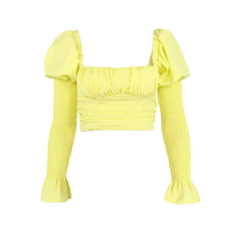 Low Out Long Puff Sleeve Zipper Crop Tops Mssza
