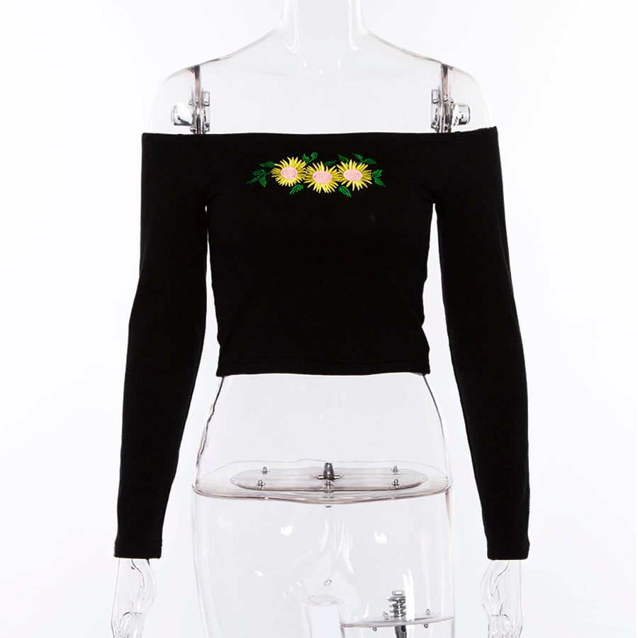 Off Shoulder Cropped Top chrysanthemum Long Sleeve T Shirt Mssza