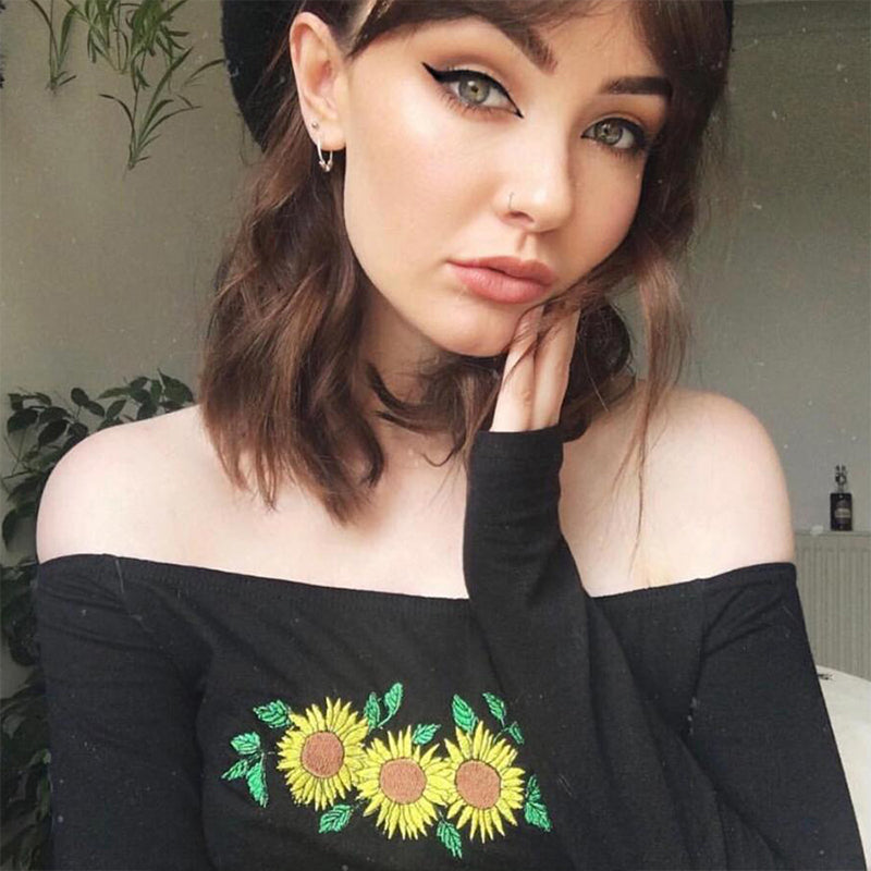 Off Shoulder Cropped Top chrysanthemum Long Sleeve T Shirt Mssza