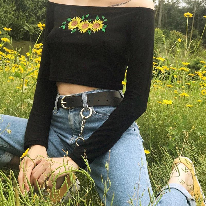 Off Shoulder Cropped Top chrysanthemum Long Sleeve T Shirt Mssza